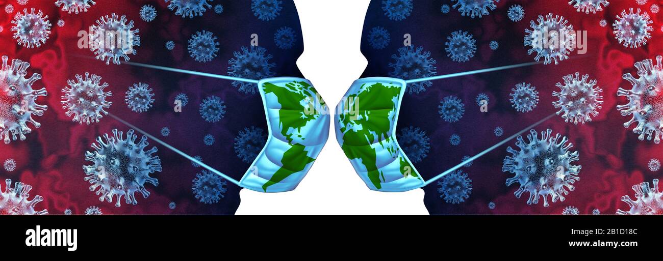 Pandemischer tödlicher Ausbruch mit dem Ausbruch der China-Europa-Grippe und einer ansteckenden medizinischen Krise des Coronavirus Influenza als weltumkämpftes Konzept für Gesundheitsrisiken. Stockfoto