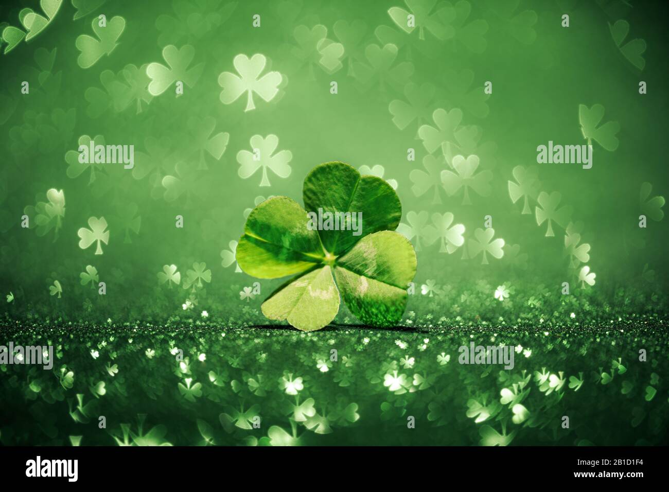 Glücklicher vierblättriger Kleeblatt, umgeben von funkelnden Shamrockformen Stockfoto