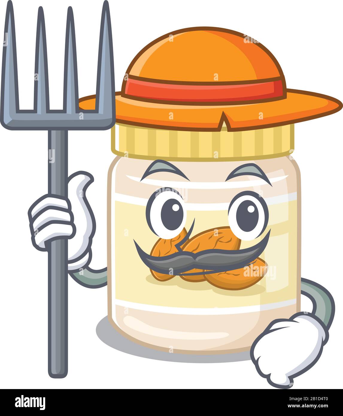 Fröhliches Bauern-Mandelbutter-Cartoon-Bild mit Hut und Werkzeug Stock Vektor