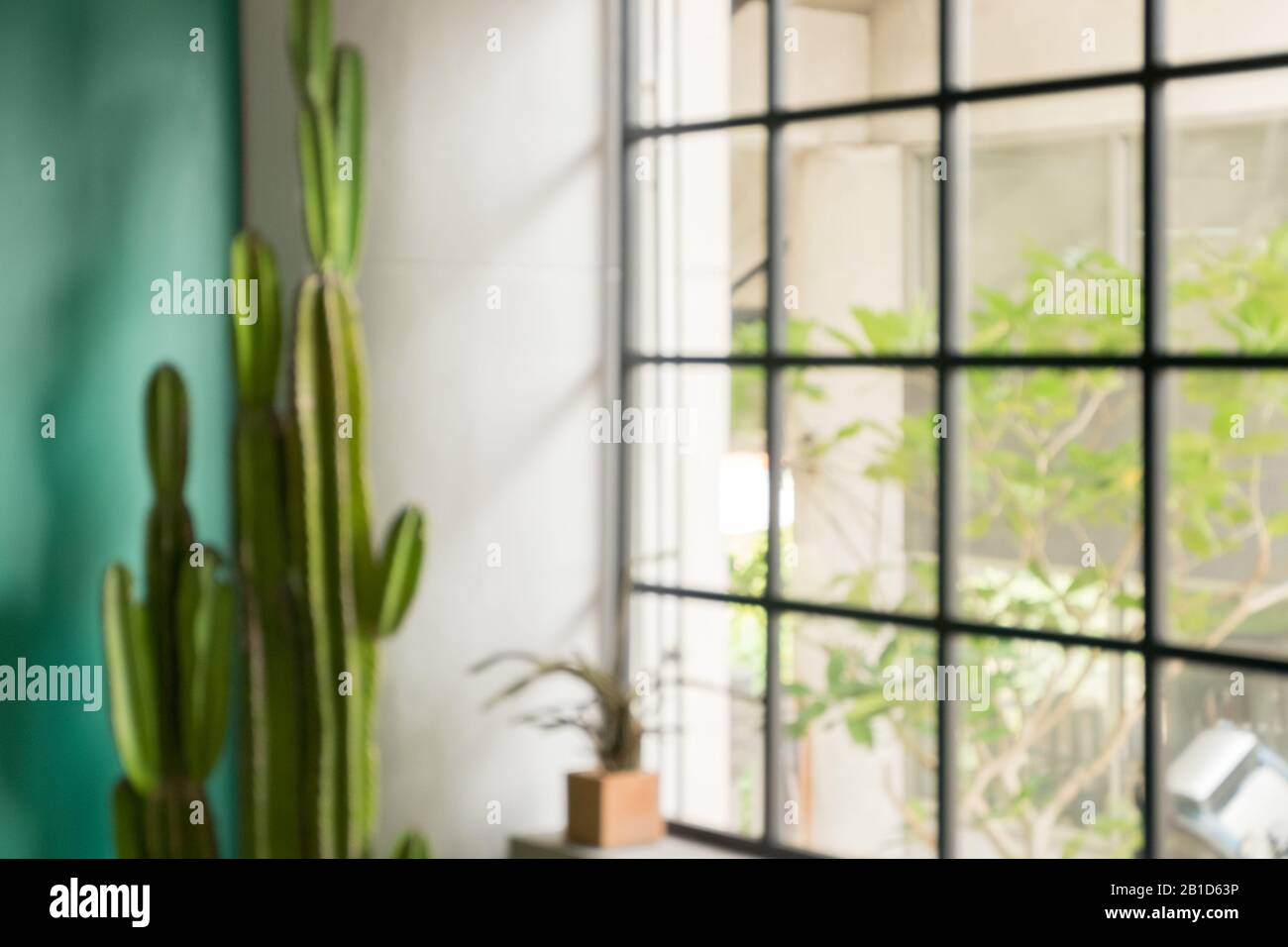 Verwackeln Sie den Hintergrund des weißen Fensterglases und den grünen Blick aus dem Garten mit einem hohen Holztisch. Verwenden von for Mock up Template für die Profilanzeige Ihres Designs, Stockfoto