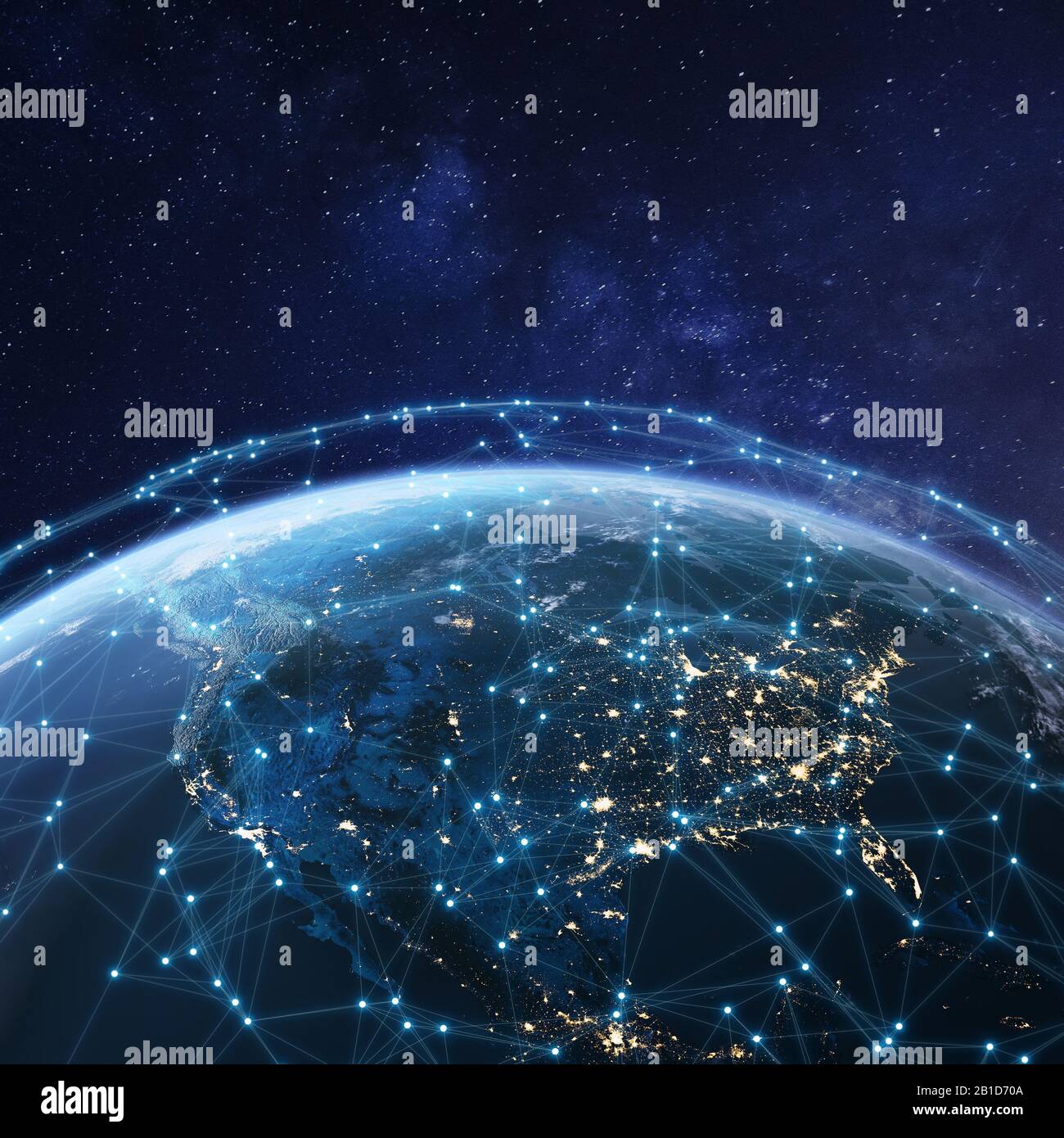 Telekommunikationsnetz über Nordamerika von der Raumfahrt über Nacht mit Stadtleuchten in den USA, Kanada und Mexiko, Satellitenumkreist Planet Earth für Inte Stockfoto