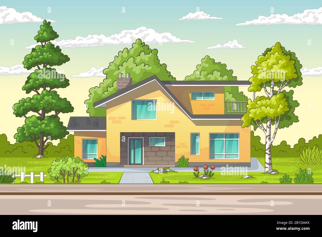 Modernes Haus mit großem Garten an einer Straße im Sommer. Konzept für Immobilien, Architektur, Werbung, Web-Hintergründe. Vektorgrafiken mit separaten Ebenen. Stock Vektor