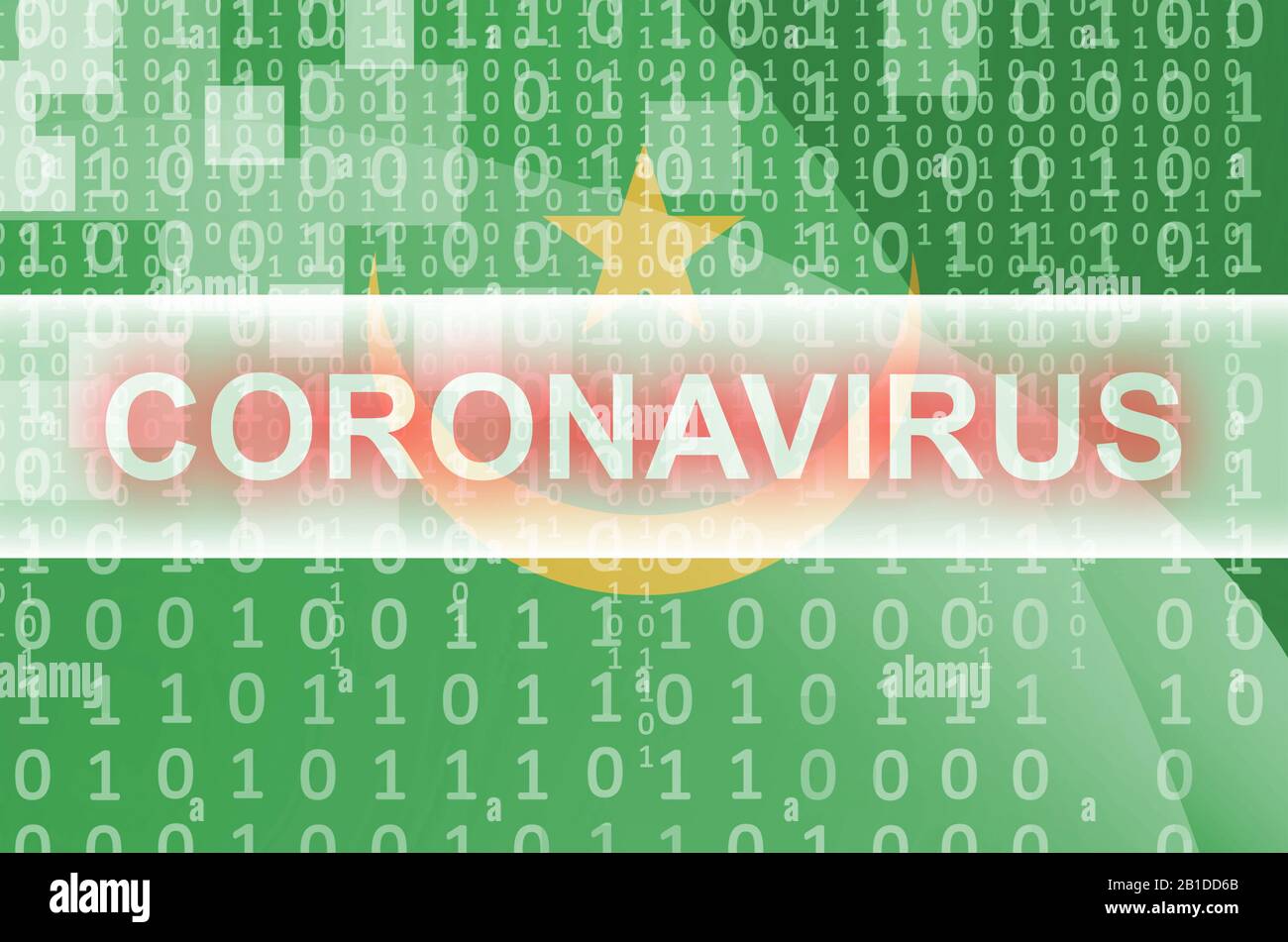 Mauretanien-Flagge und futuristische digitale abstrakte Komposition mit weißer Aufschrift aus Coronavirus. Covid-19-Konzept für Virusausbrüche Stockfoto