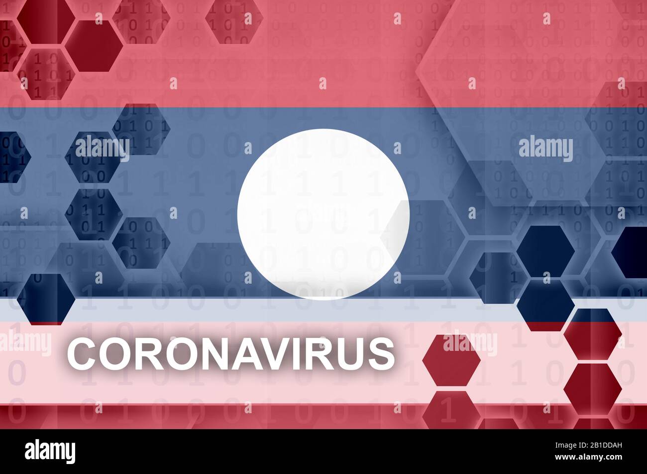 Laos-Flagge und futuristische digitale abstrakte Komposition mit Coronavirus Aufschrift. Covid-19-Konzept für Virusausbrüche Stockfoto