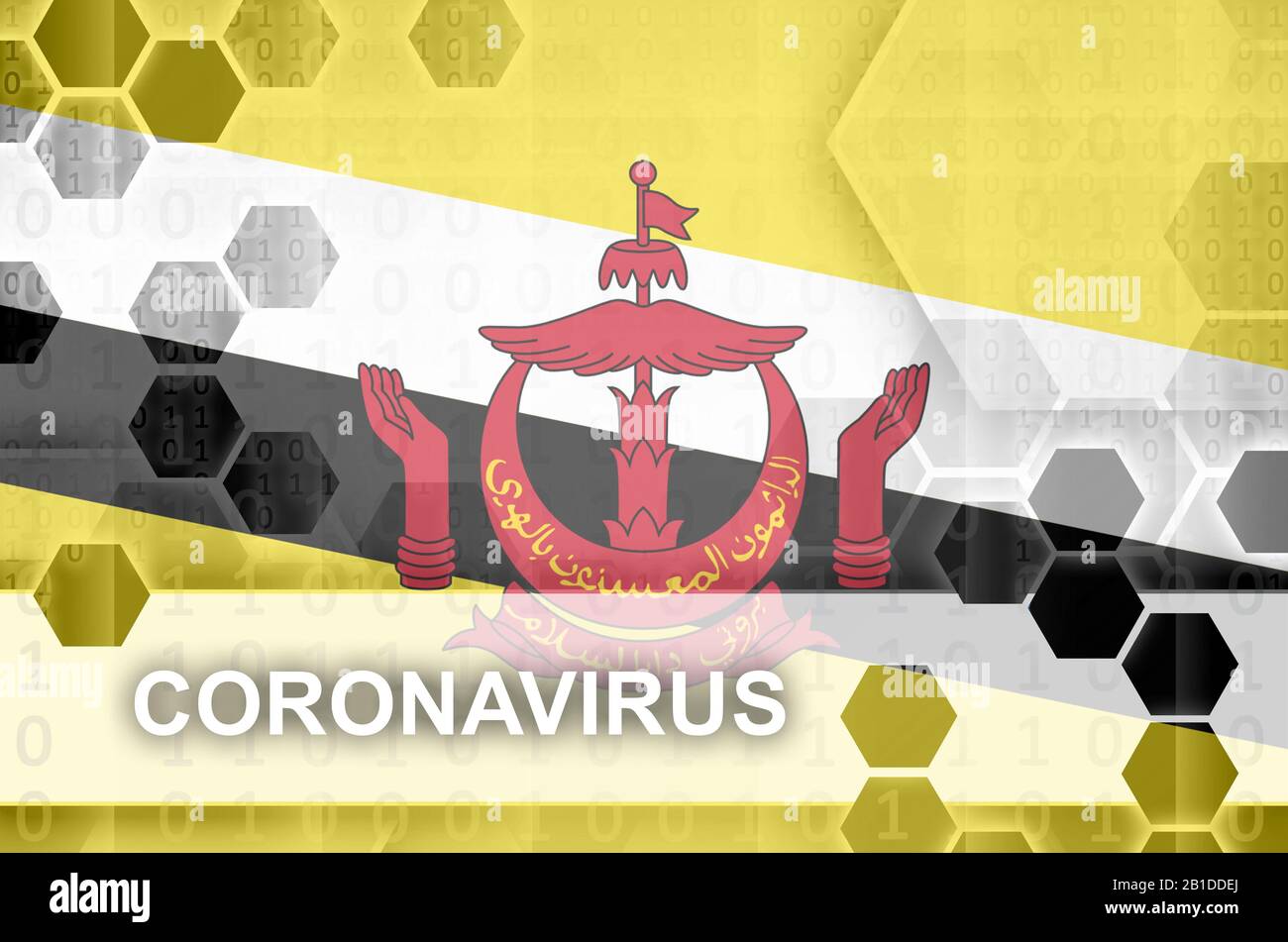 Brunei Darussalam-Flagge und futuristische digitale abstrakte Komposition mit Coronavirus Aufschrift. Covid-19-Konzept für Virusausbrüche Stockfoto