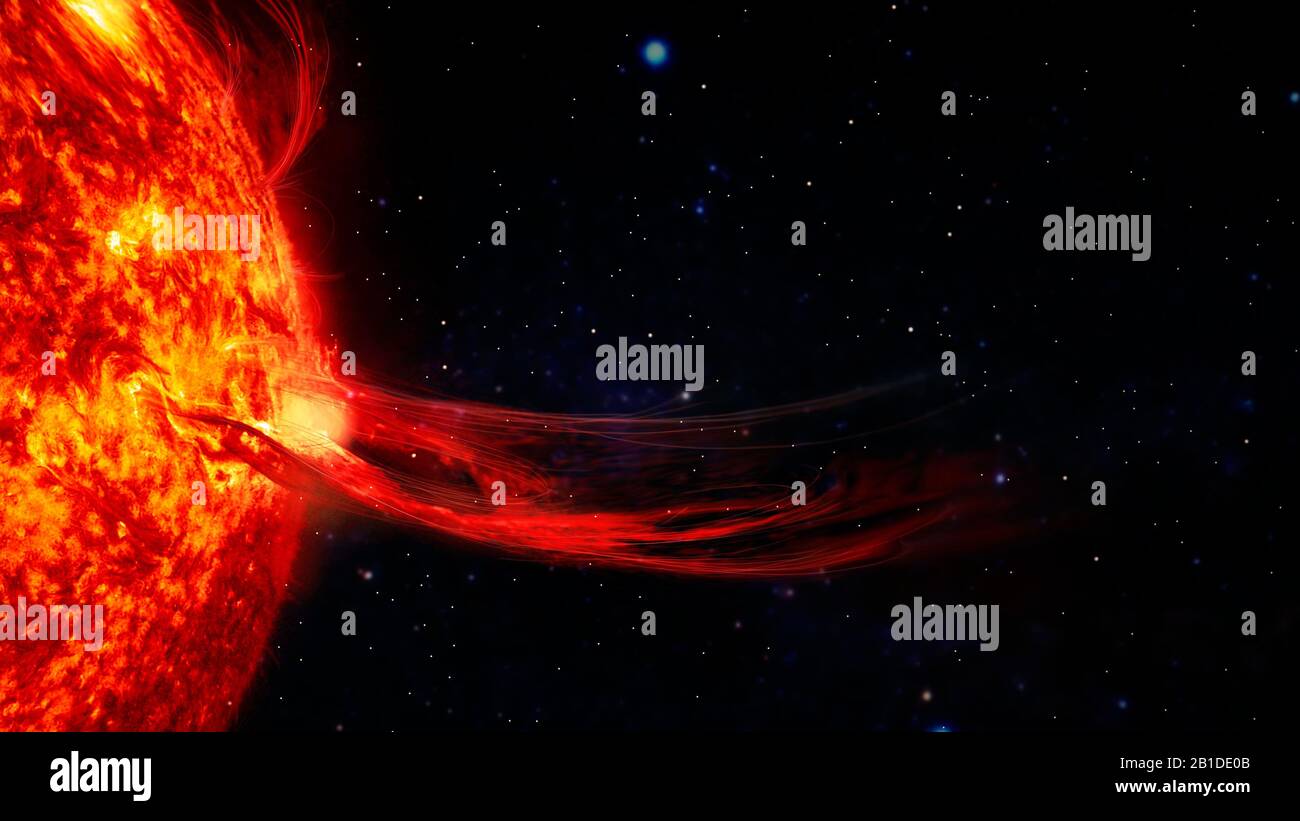 Sonnenprominenz, Sonnenflare und magnetische Stürme. Plasma-Blitz auf der Oberfläche eines Sterns. Elemente dieses Bildes, das von der NASA eingerichtet wurde. Stockfoto