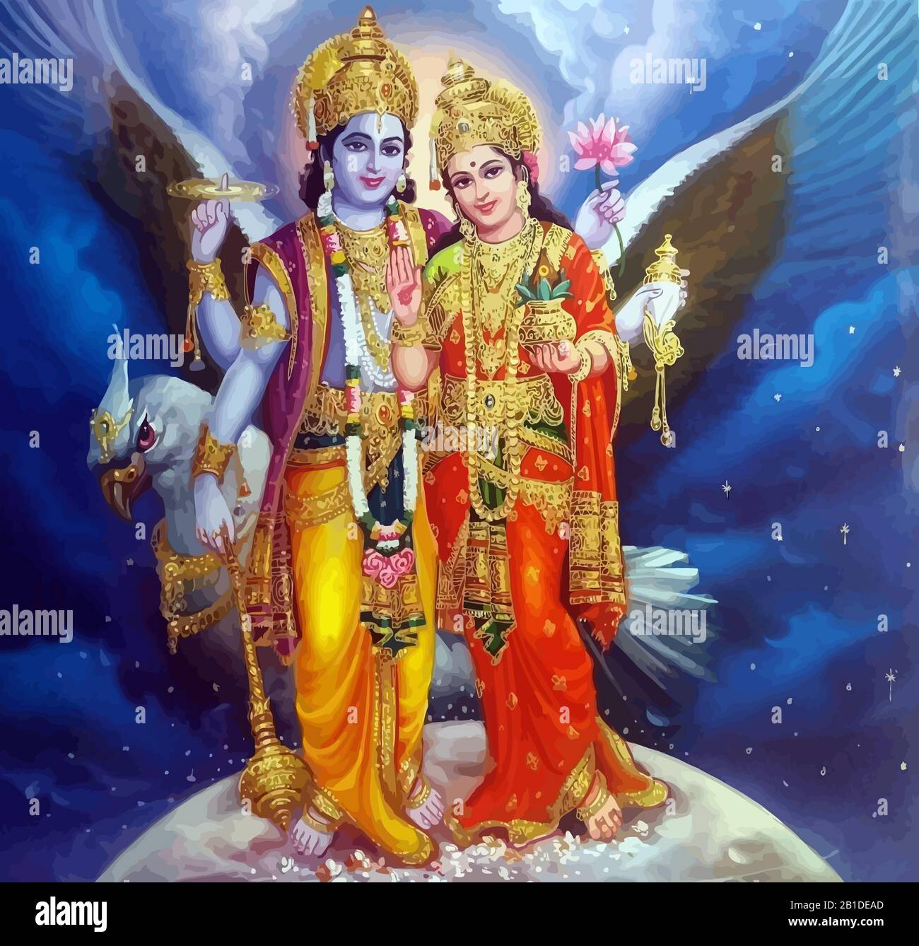 Lord Vishnu Lady Lakshmi Frau Vogelprosperität hinduismus Mythendarstellung Stockfoto