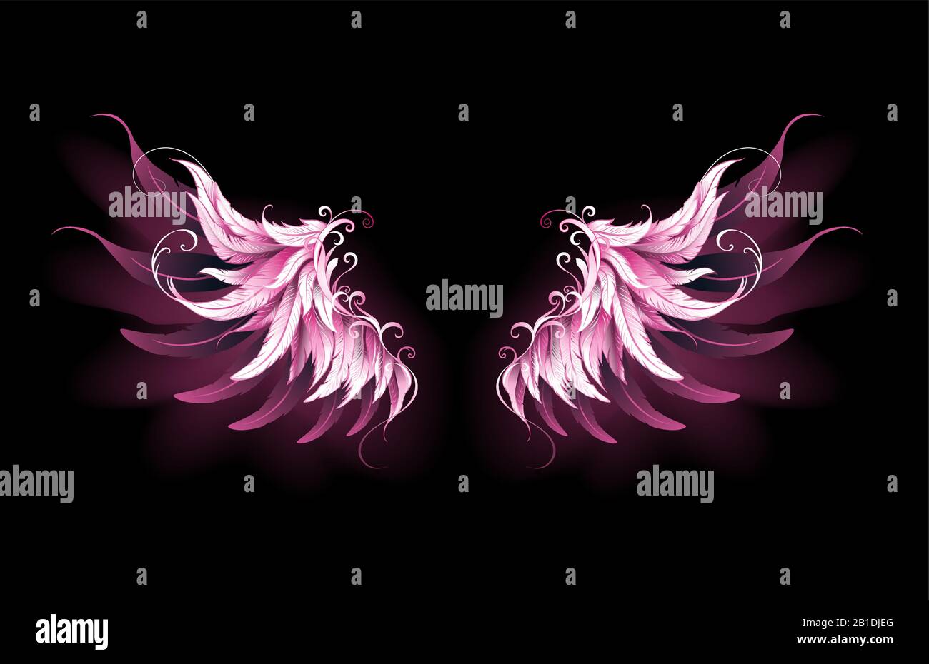 Helle, kunstvolle, rosafarbene Engelsflügel auf schwarzem Hintergrund. Engelsflügel. Stock Vektor
