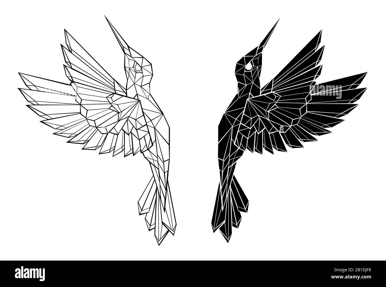 Kunstvoll gezeichnete, schwarze Kontur, polygonaler, fliegender Kolibris auf weißem Grund. Tattoo-Stil. Stock Vektor