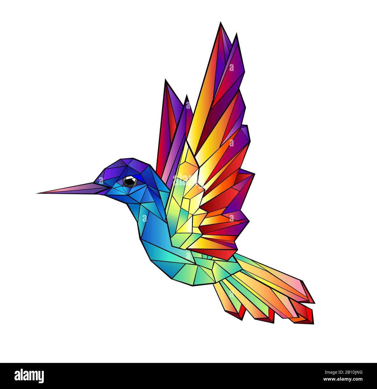 Kunstvoll gezeichneter Regenbogen, leuchtende, helle, polygonale Kolibris auf weißem Hintergrund. Tattoo-Stil. Stock Vektor