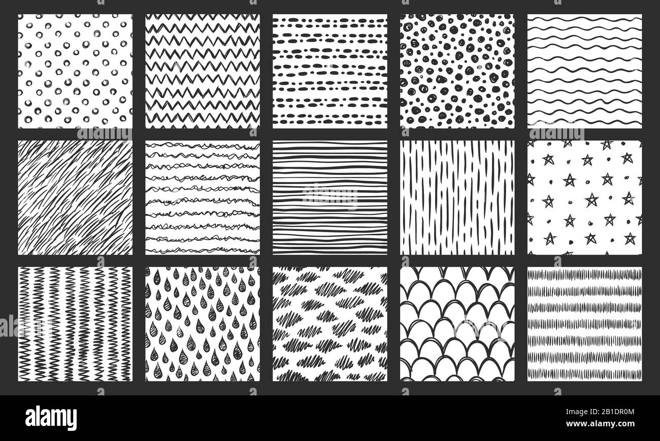 Handgezeichnete nahtlose Texturen. Skizzenmuster, gerippte Doodle-Struktur und gekrümmte Linien Vektormuster festgelegt Stock Vektor