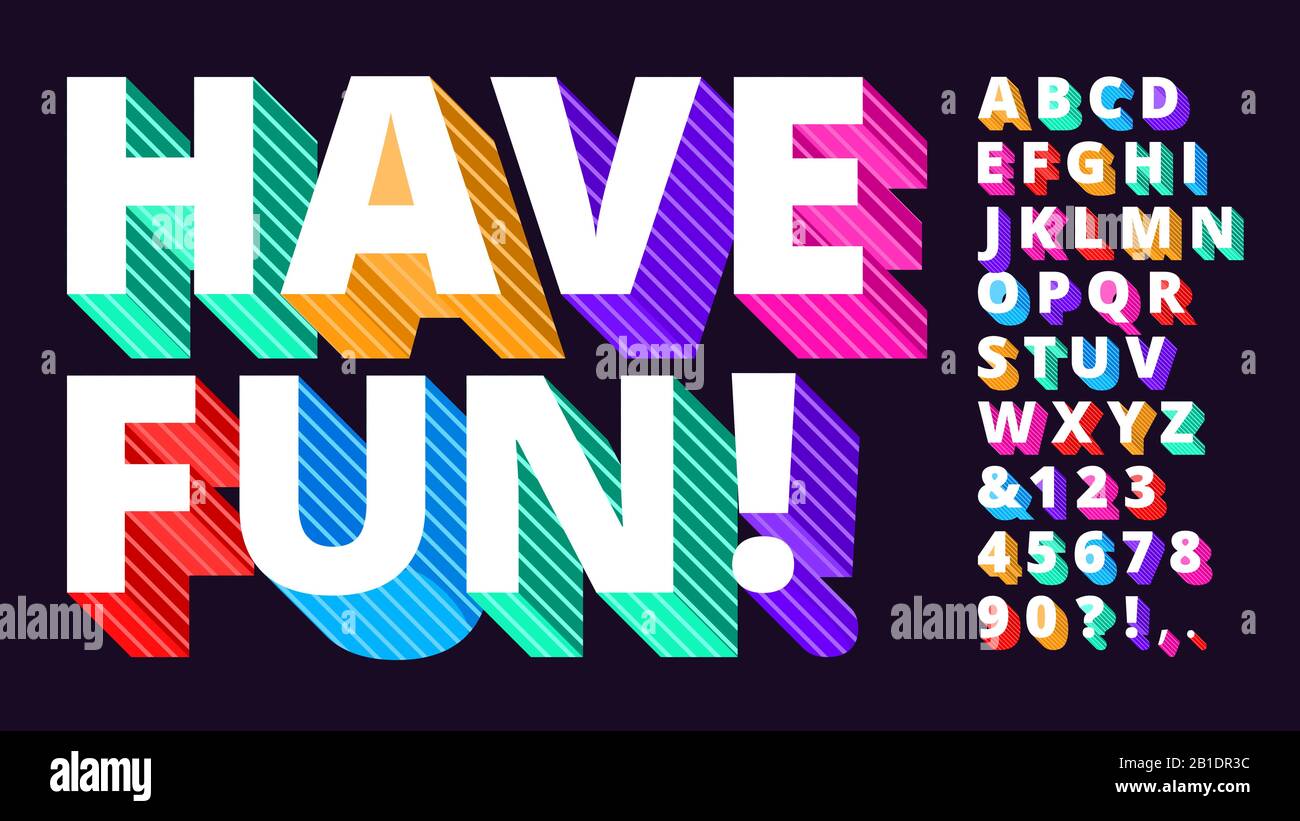 Bunte moderne Schrift. Gestreiftes 3D-Alphabet, lustiger Schrifttyp und kunstvolle, lebendige Buchstaben, Vektorgrafiken Stock Vektor