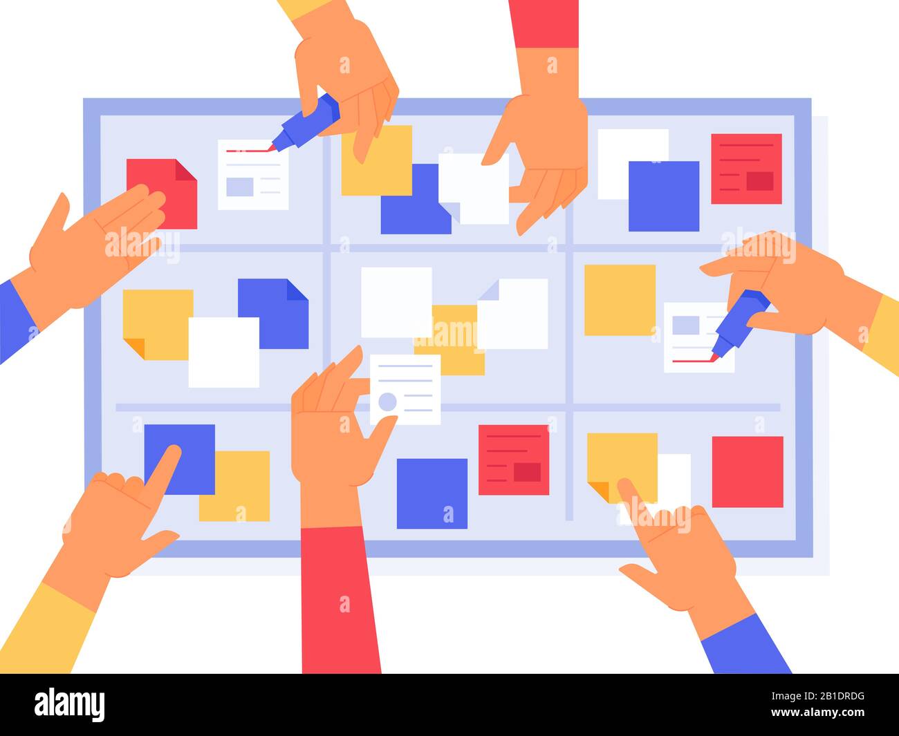 Agiles Board. Scrum sprintet Aufgaben, Kanban-Arbeitsmanagement und Prioritäts-Projektstatus. Darstellung der täglichen Aufgaben der Geschäftsstrategie Stock Vektor