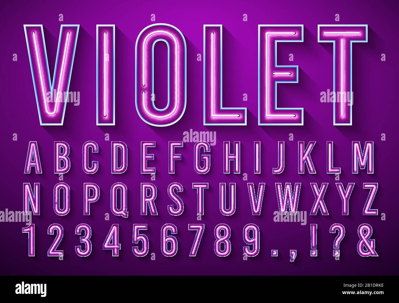 Leuchtende Neonbuchstaben. Violett leuchtende Schrift, Hell-Box-Alphabet und Neonleuchten leuchten mit Schatten-3D-Vektorgrafiksatz Stock Vektor