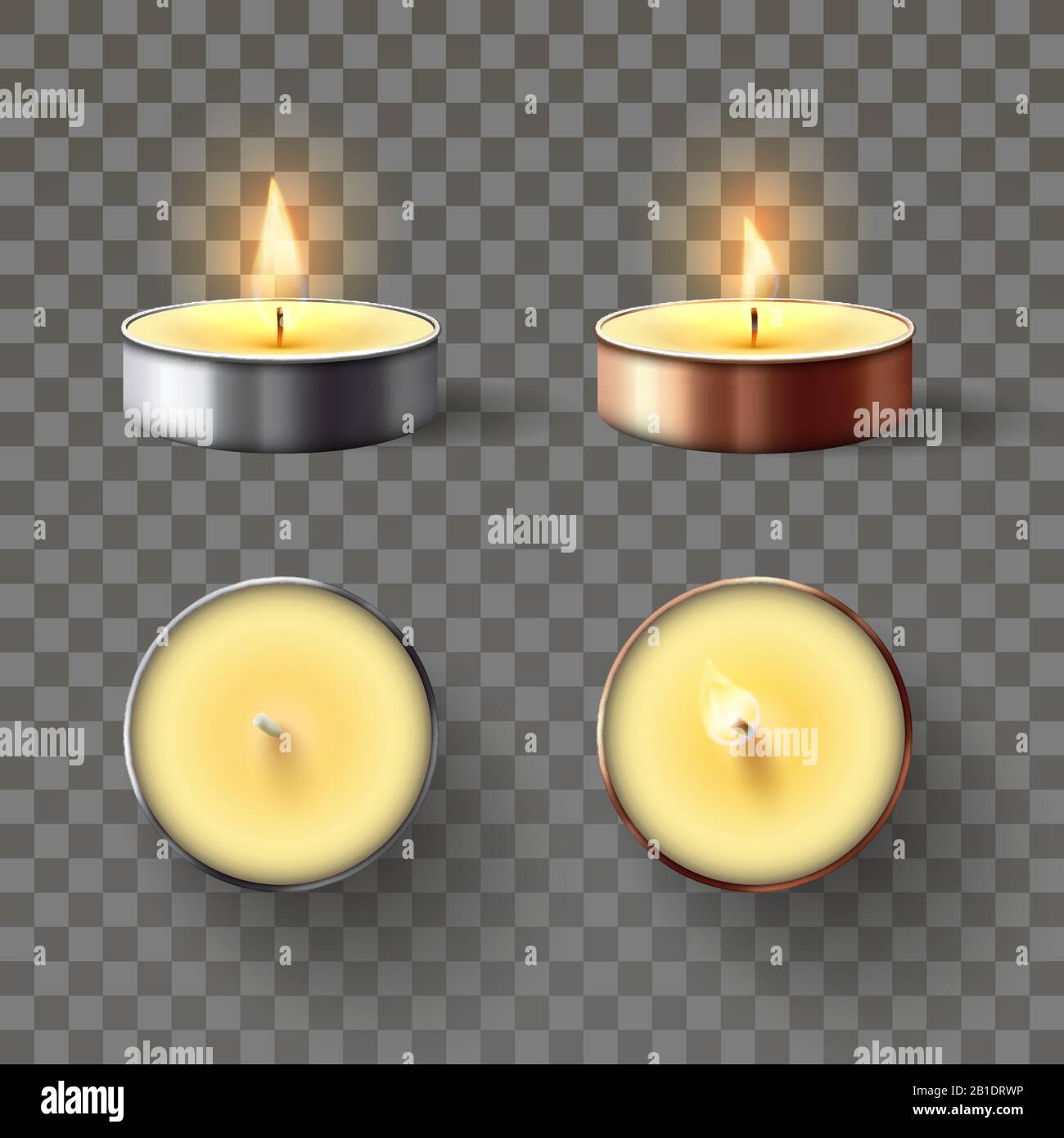 Teekerze. Romantische Kerzen in Metallflamme, entspannendes Wachskerzen-Feuer und Spa Aromatherapie Kerzenlicht isoliert 3D-Vektor-Set Stock Vektor