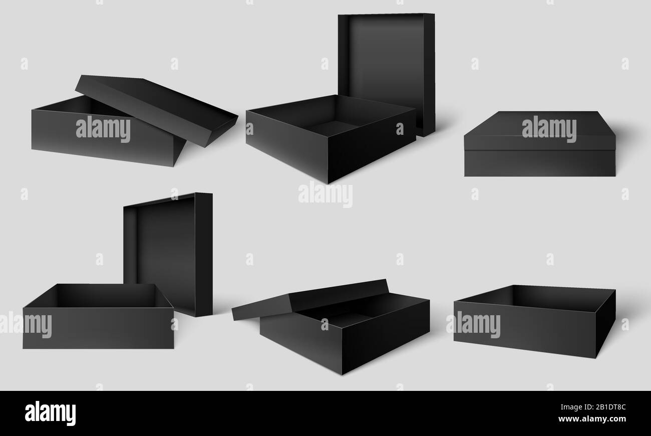 Schwarze Verpackung. Offene und geschlossene dunkle Kartons, Kartonpackung verspottern Schablone Vektor Illustration Set Stock Vektor