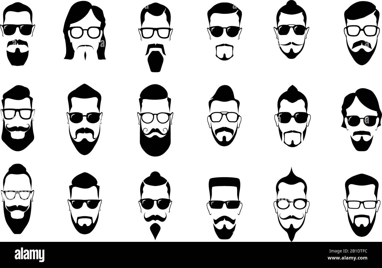 Männlicher Schnurrbart, Bart und Haarschnitt. Silhouetten mit Vintage-Schnurrbart, Frisur des Mannes und Symbole für Vektor-Silhouetten im Porträt Stock Vektor