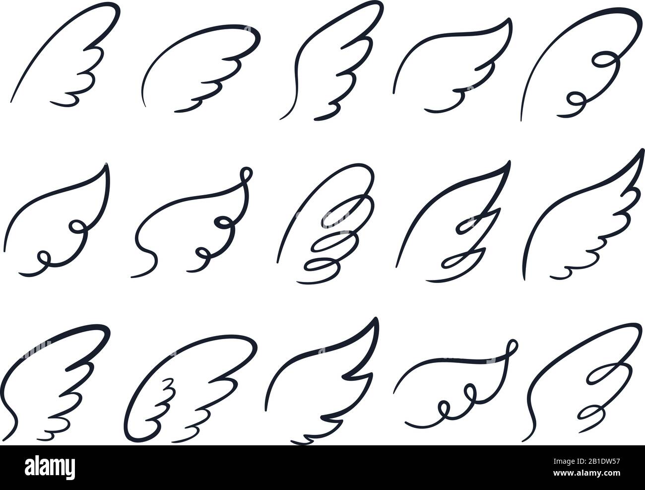 Skizzenflügel. Handgezeichneter Flügel, geflügelte Engelsfeder und Flügel verbreiten Cartoon-Doodle-Vektorgrafiken Stock Vektor