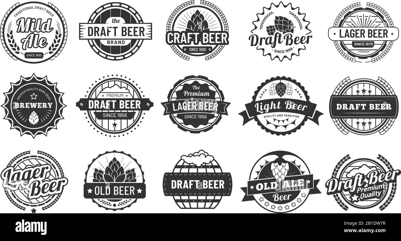 Brauerei-Bier-Abzeichen. Craft-Beer Embleme, Hopfenlager und Pub-Hopfen-Abzeichen isoliertes Vektorabbildungs-Set Stock Vektor