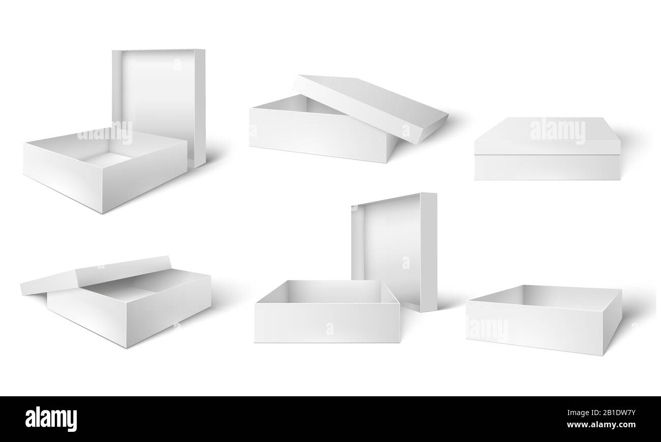 Offene und geschlossene Verpackung. Weiße Pappkartons, Geschenk- oder Produktverpackung und leere Packung 3D isolierter Vektorsatz Stock Vektor