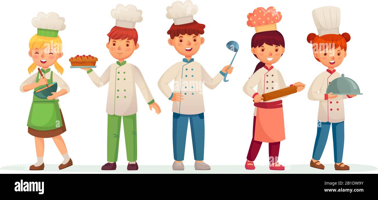 Junge Köche. Fröhliche Kinder kocht, kocht und backt in kostümlicher Cartoon-Vektor-Illustration des Küchenchefs Stock Vektor