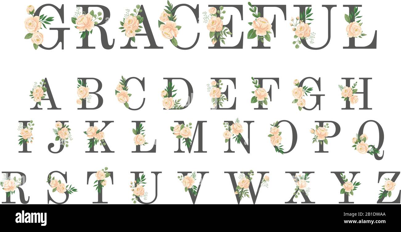 Blumenschrift. Luxuriöse Hochzeitseinladung blüht Buchstaben, blumenmodisches Alphabet und Rose Monogramm Vektor Illustration Set Stock Vektor