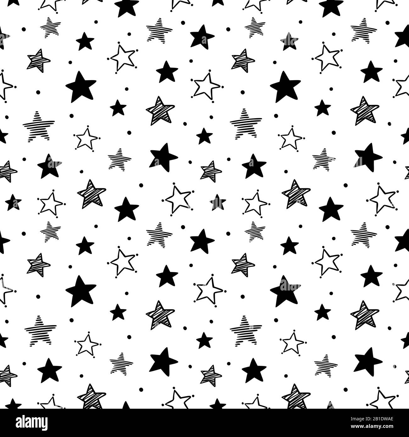 Sternenmuster von Doodle. Nahtlose Sternornamente, Nachthimmel und sternenförmige Vektorgrafiken Stock Vektor
