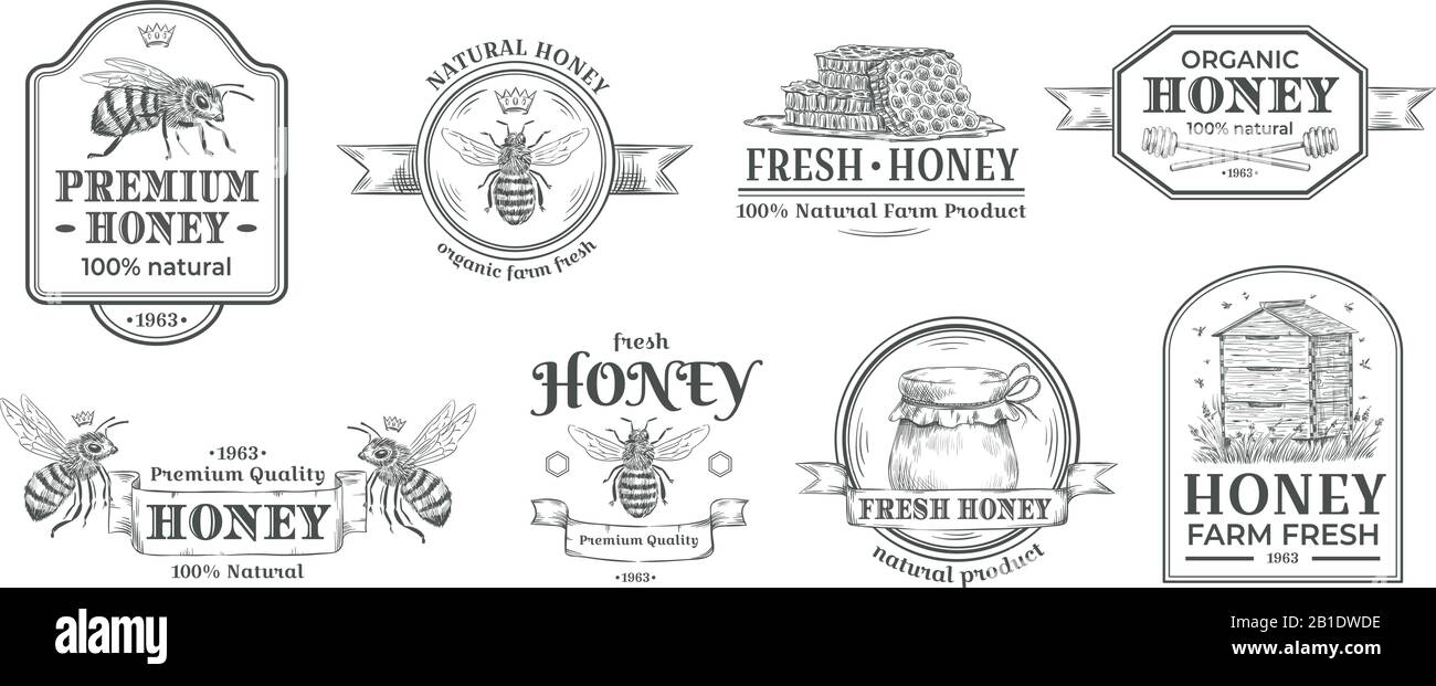 Ehrenzeichen der Honigfarm. Imker-Logo, Retro-Bienen-Abzeichen und Vintage handgezeichnetes Vektor-Illustrationsset für Mead-Etiketten Stock Vektor