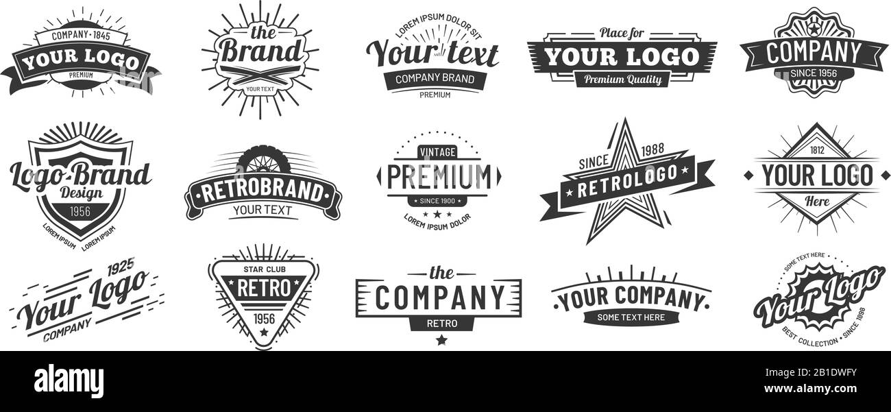Vintage-Logo. Logo-Abzeichen für Retro-Markenbezeichnungen, Firmenlabel und Vektorgrafik-Set für Hüpferrahmen Stock Vektor
