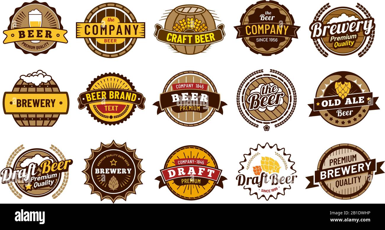 Beer-Label-Abzeichen. Retro Beers Brauerei, Lagerflaschenabzeichen und Vintage Beer Emblem isolierte Vektorgrafik-Set Stock Vektor
