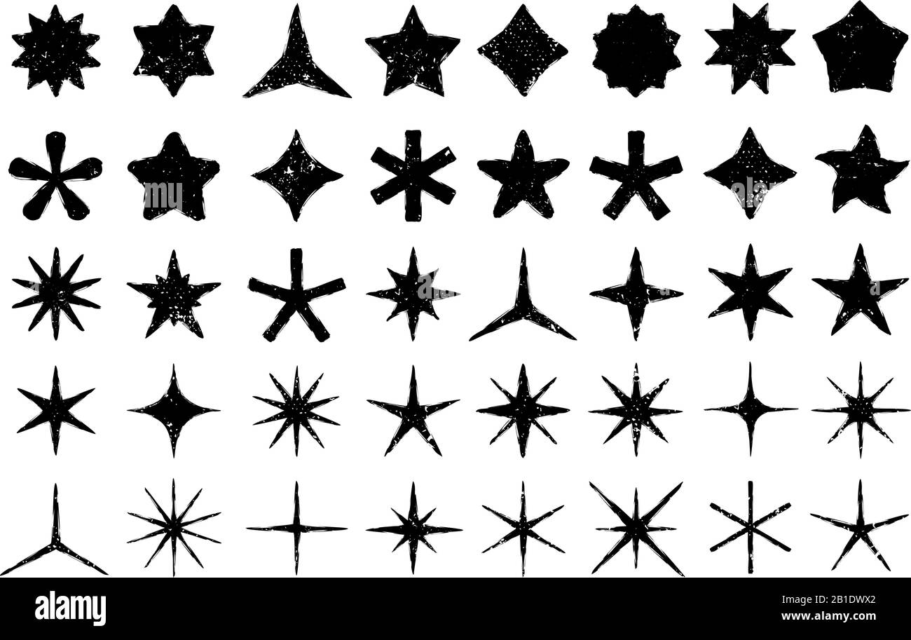 Grunge Sterne. Handgezeichneter Stern, Sternenhimmel und strukturierter Favorit Symbol Silhouette isolierter Vektorsatz Stock Vektor