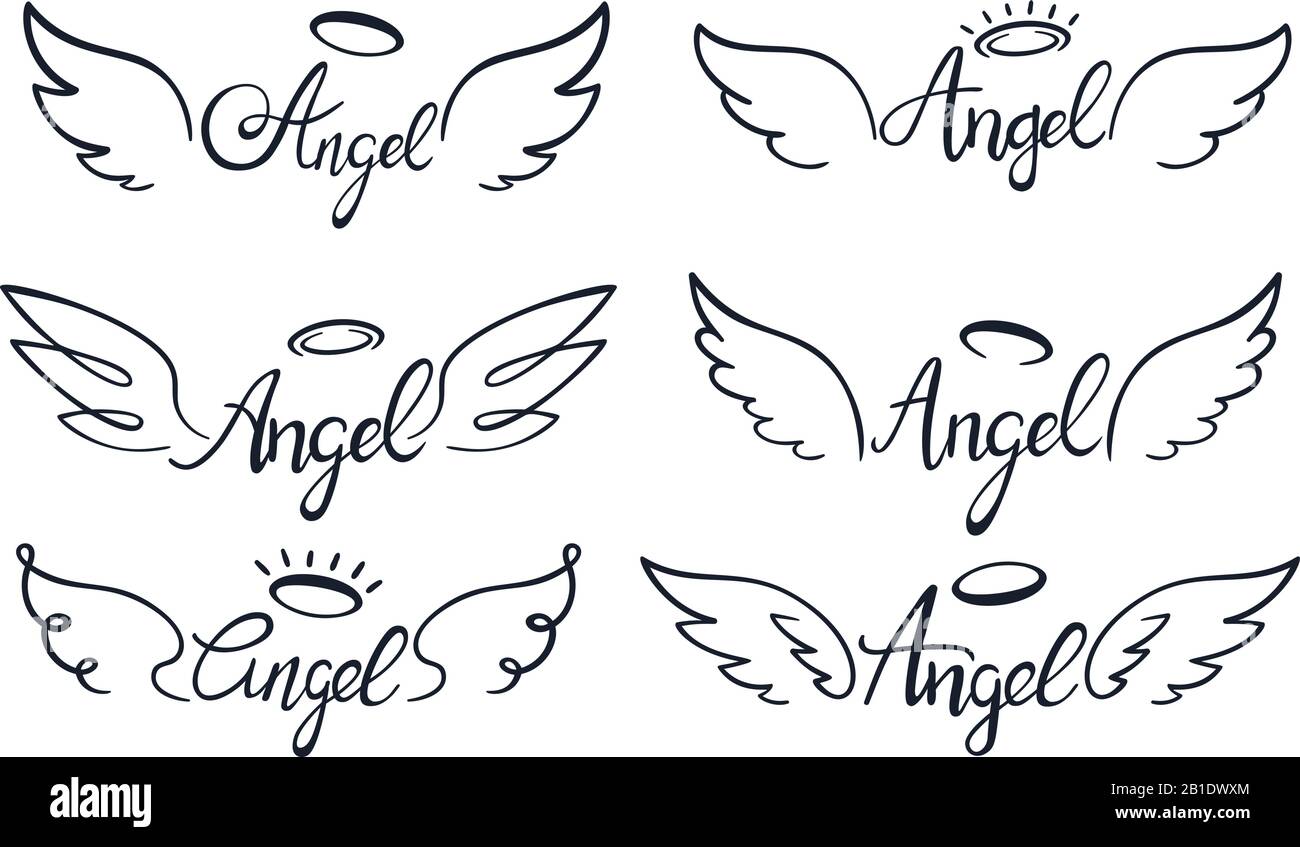 Angel Wings Schriftzug. Himmelsflügel, himmlische geflügelte Engel und heilige Flügel skizzieren Vektorgrafiken Stock Vektor