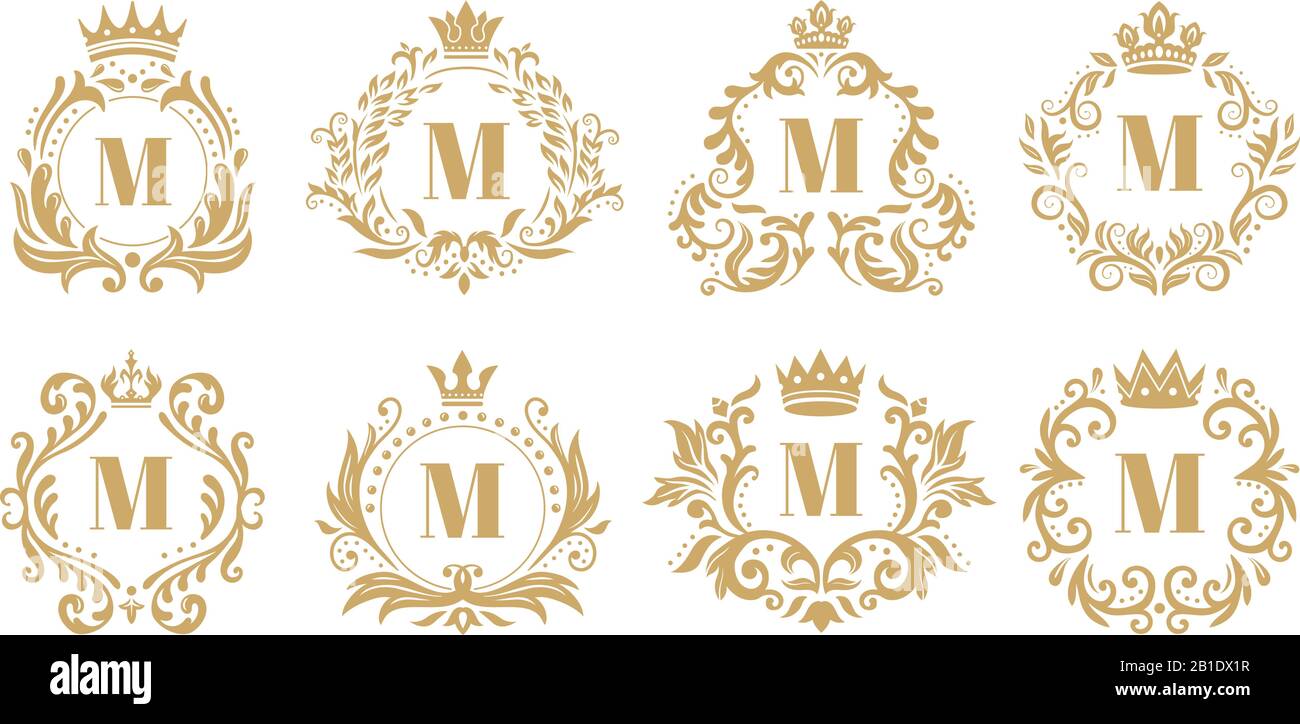 Luxus-Monogramm. Vintage-Krone-Logo, goldene Ziermonogramme und heraldische Kranzornamentik Vektor-Set Stock Vektor