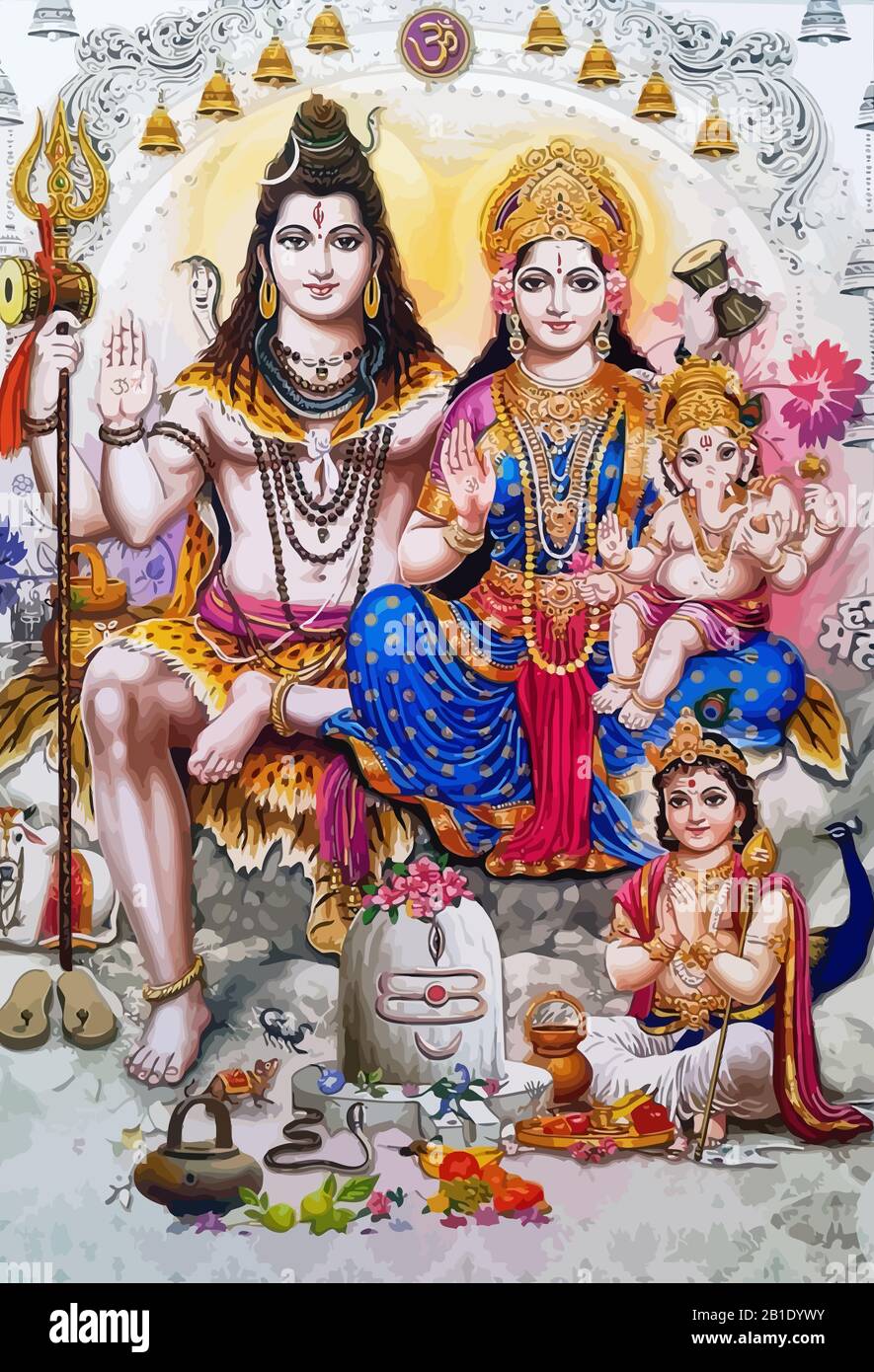 Lord Vishnu Lady Saraswati Baby Ganesha Pfauenmythologie Skorpion Illustration Stockfoto