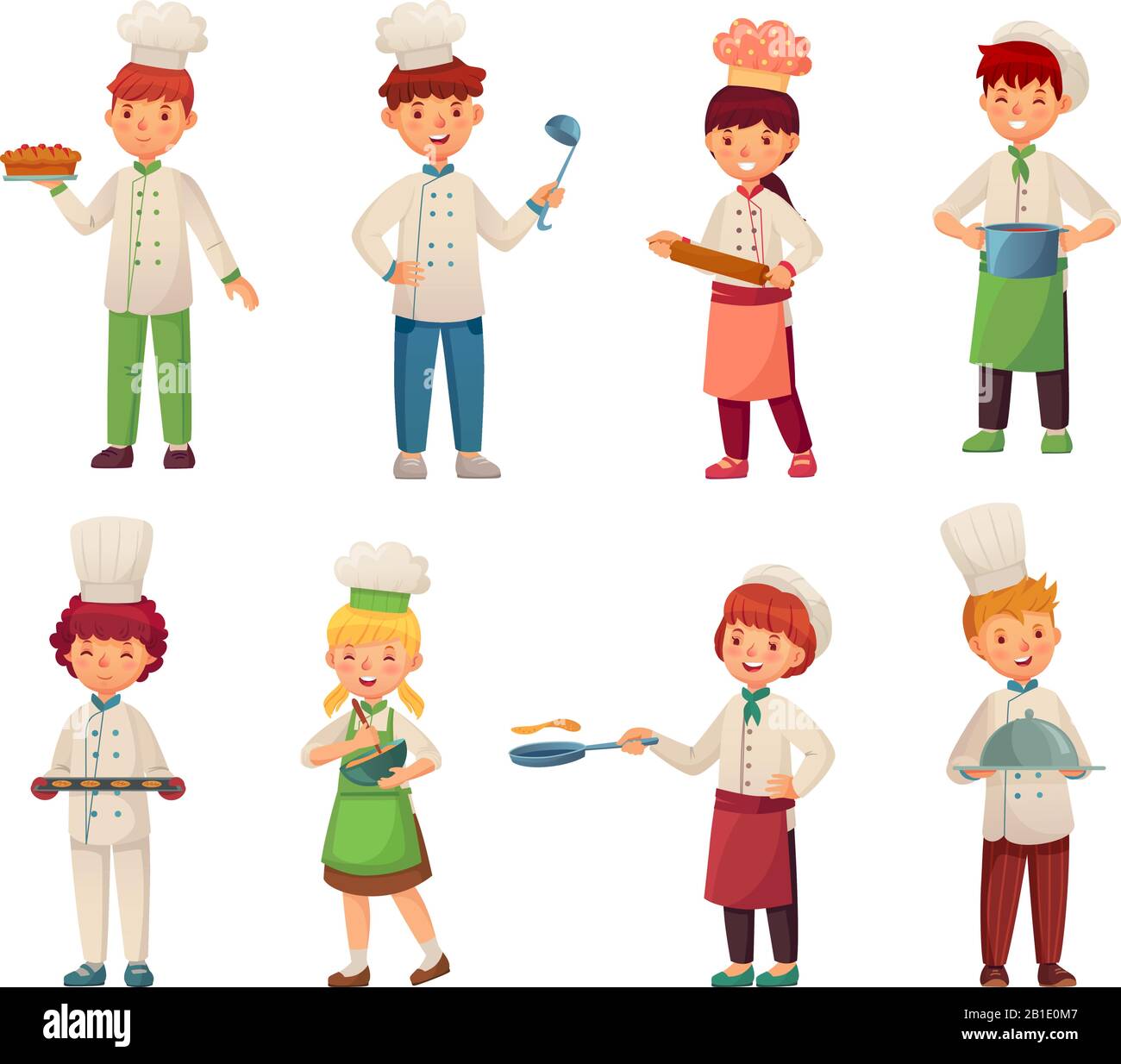 Cartoon Kochen Kinder. Der kleine Küchenchef kocht Lebensmittel, Kinderkoch und Küchenchefs für Gourmetkinder, Vektorgrafik-Set Stock Vektor