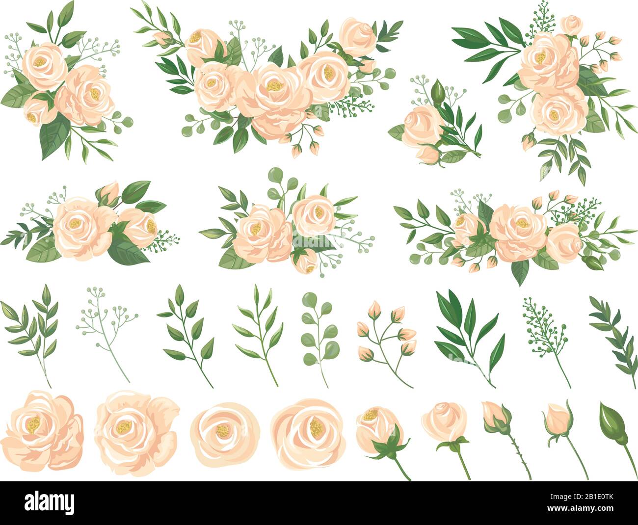 Blumenstrauß. Rosenblümchen, Gartenrosen Blumensträuße und Pastellfarben Blumenknospen mit Blumenblättern Cartoon-Vektor-Illustrations-Set Stock Vektor