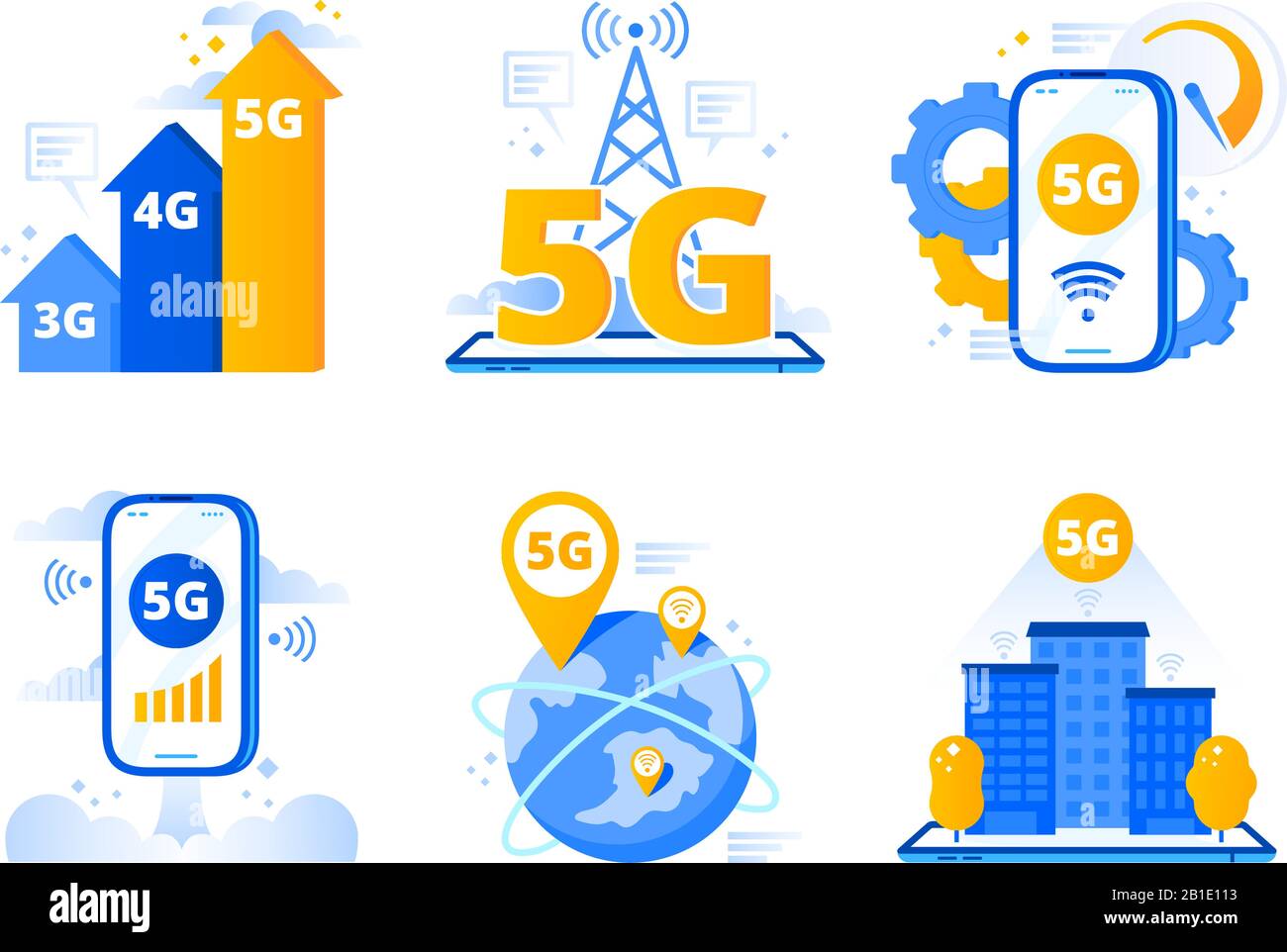 Mobiles 5G-Netzwerk. City fast Internet-Hotspot, drahtlose Telekommunikation und Netzwerke der fünften Generation - Vektorgrafiken Stock Vektor