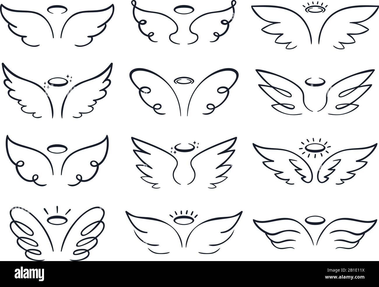 Cartoon-Skizzenflügel. Handgezeichnete Engel Flügel ausgebreitet, geflügelte Ikonen-Doodle-Vektorgrafiken gesetzt Stock Vektor