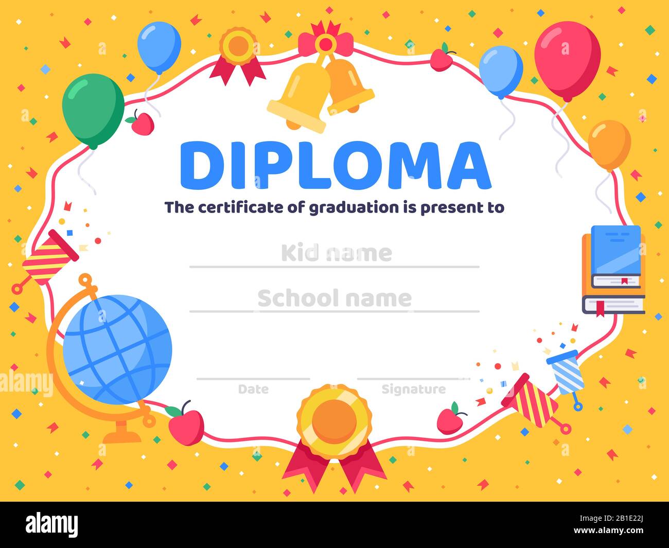 Diplomabschluss. Schulabschluss, Absolventen Glückwunsch und Vorschulkind- oder Kindergartenschein Vektor-Illustration Stock Vektor