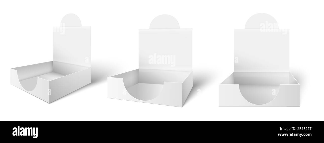 Kartonzähler wird angezeigt. Countertops Werbeboxen, offene Verpackungen und Pakete verpacken 3D-Vektorgrafik-Set Stock Vektor