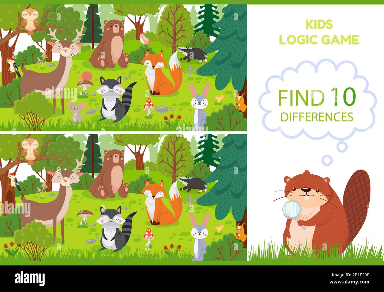 Waldtiere finden Unterschiede Spiel. Pädagogische Kinder spielen