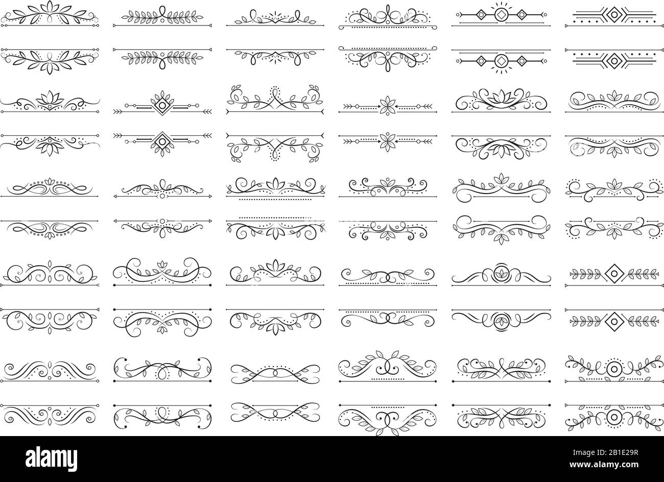 Klassische Kalligraphische Trennelemente. Verzierter Drallteiler, ornamentale Locken und verzierte Dekorrahmen Schablonenvektor-Set Stock Vektor