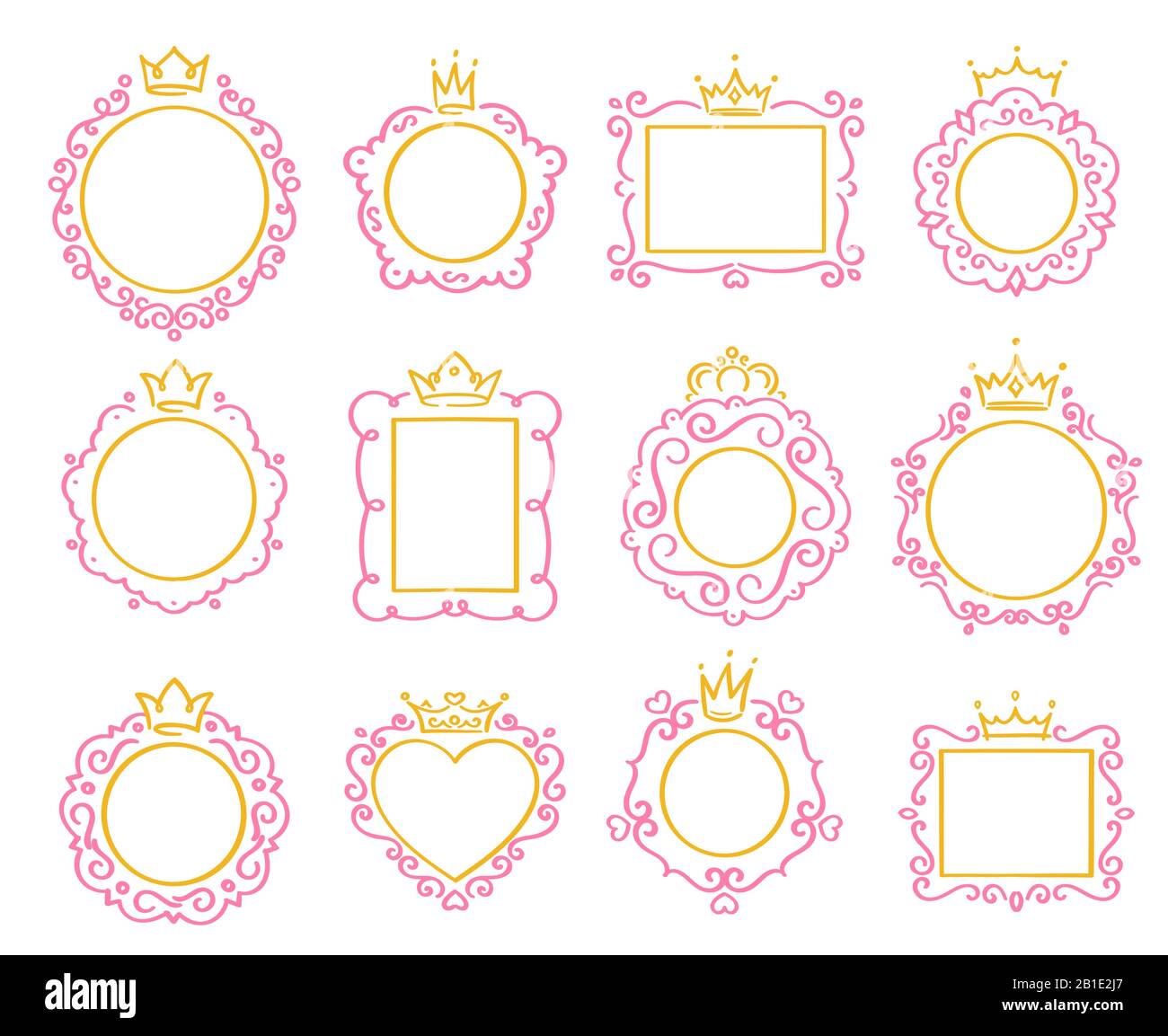 Princess Rahmen. Niedlicher Kronenrand, königliche Spiegelrahmen und majestätischer Prinzenscheitel umranden isolierten Vektorsatz Stock Vektor