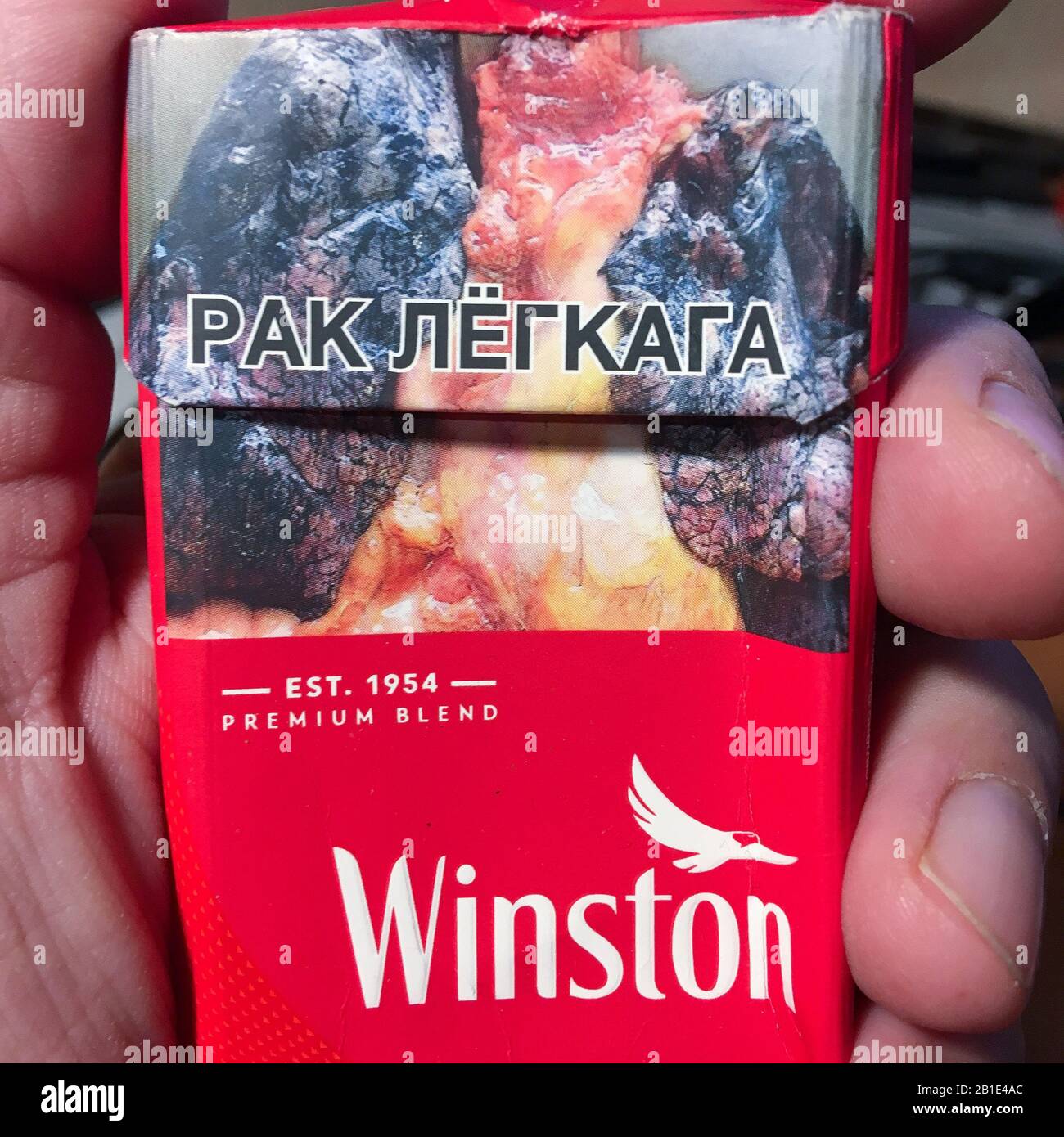 Winston Zigaretten Paket mit Slogans im Gesundheitswesen wriitten in kyrilischen Zeichen Stockfoto