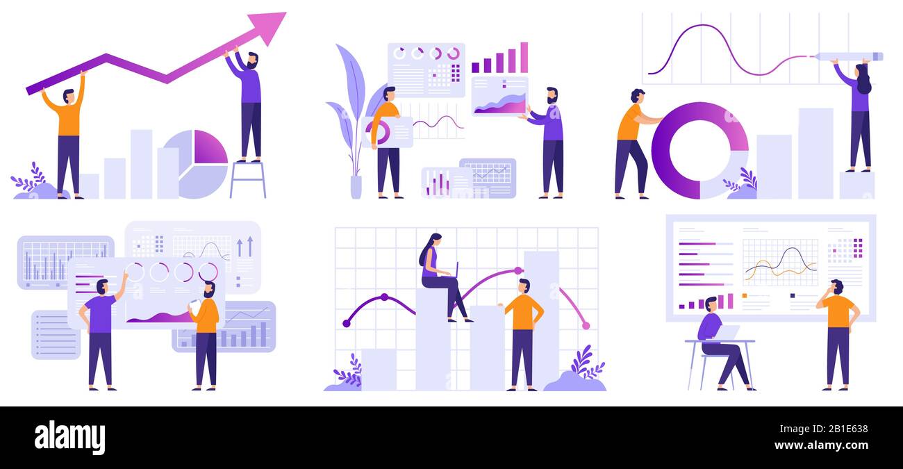 Marktanalyse. Finanzprognosen, Trendprognosen und Analysen zur Geschäftsstrategie - flaches Vektorbild Stock Vektor