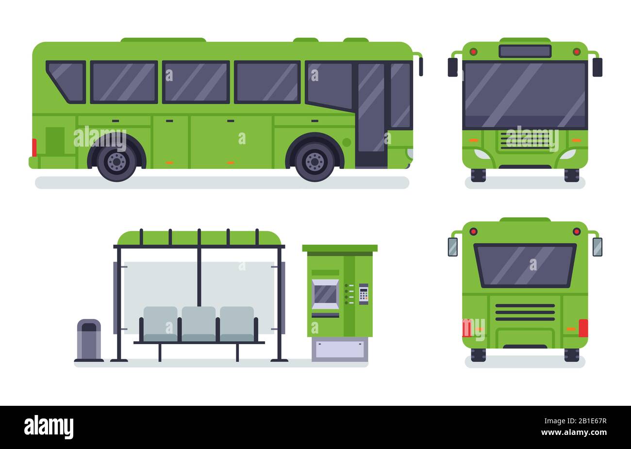 Flacher Stadtbus. Öffentliche Verkehrsmittel, Autobus-Fahrkartenschalter und Busse Vektor-Illustration Set Stock Vektor