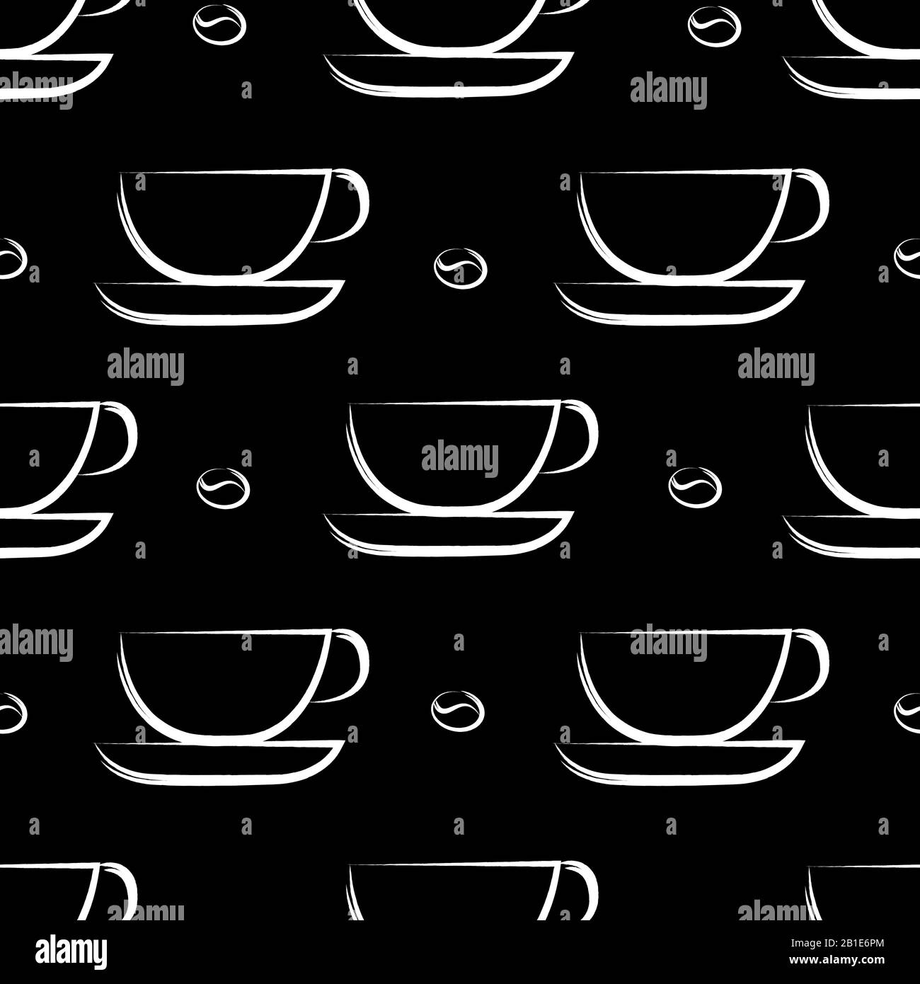 Kaffee-Hintergrund. Nahtloses Muster. Whitte Cups auf schwarzem Hintergrund. Stock Vektor