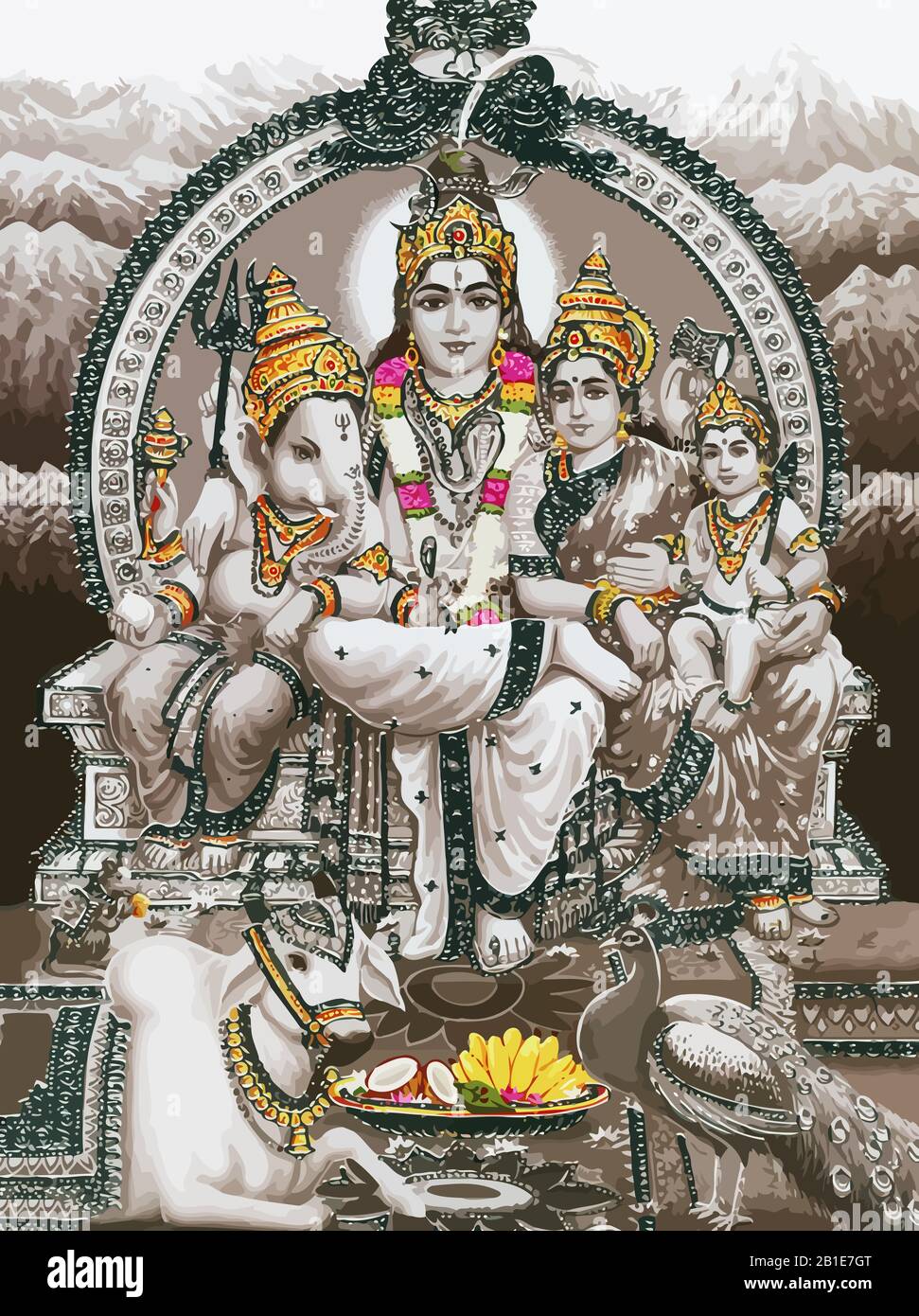 Gott Shiva Schlange und Dame Saraswati Pfau heiliger Elefant Ganasha hinduismus weiße Illustration Stockfoto