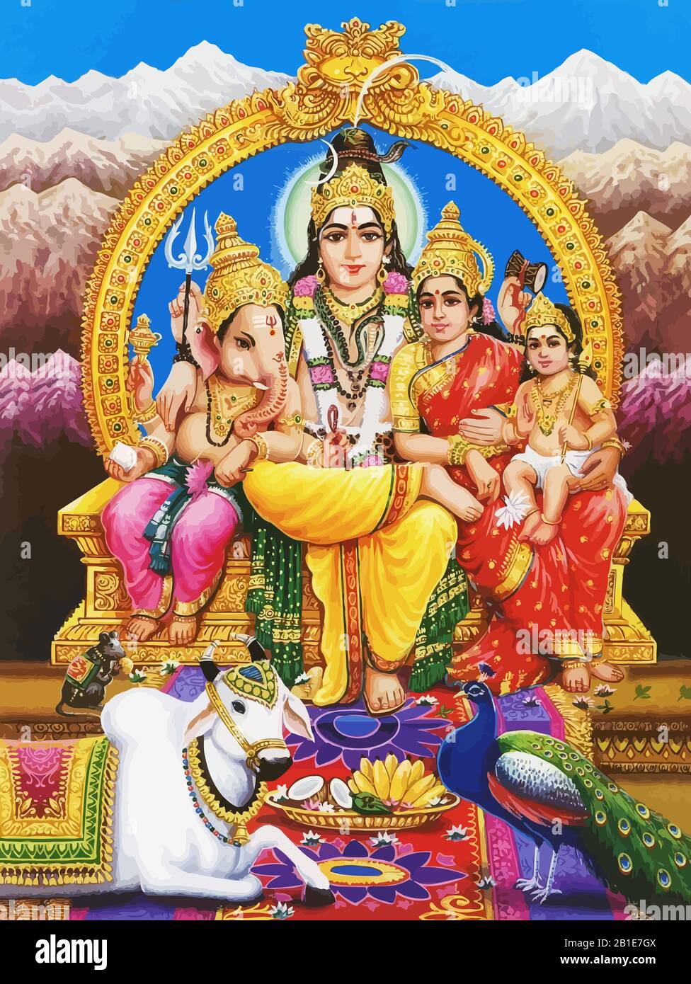 Gott Shiva Schlange und Dame Saraswati Pfau heiliger Elefant Ganasha hinduismus Berge Illustration Stockfoto