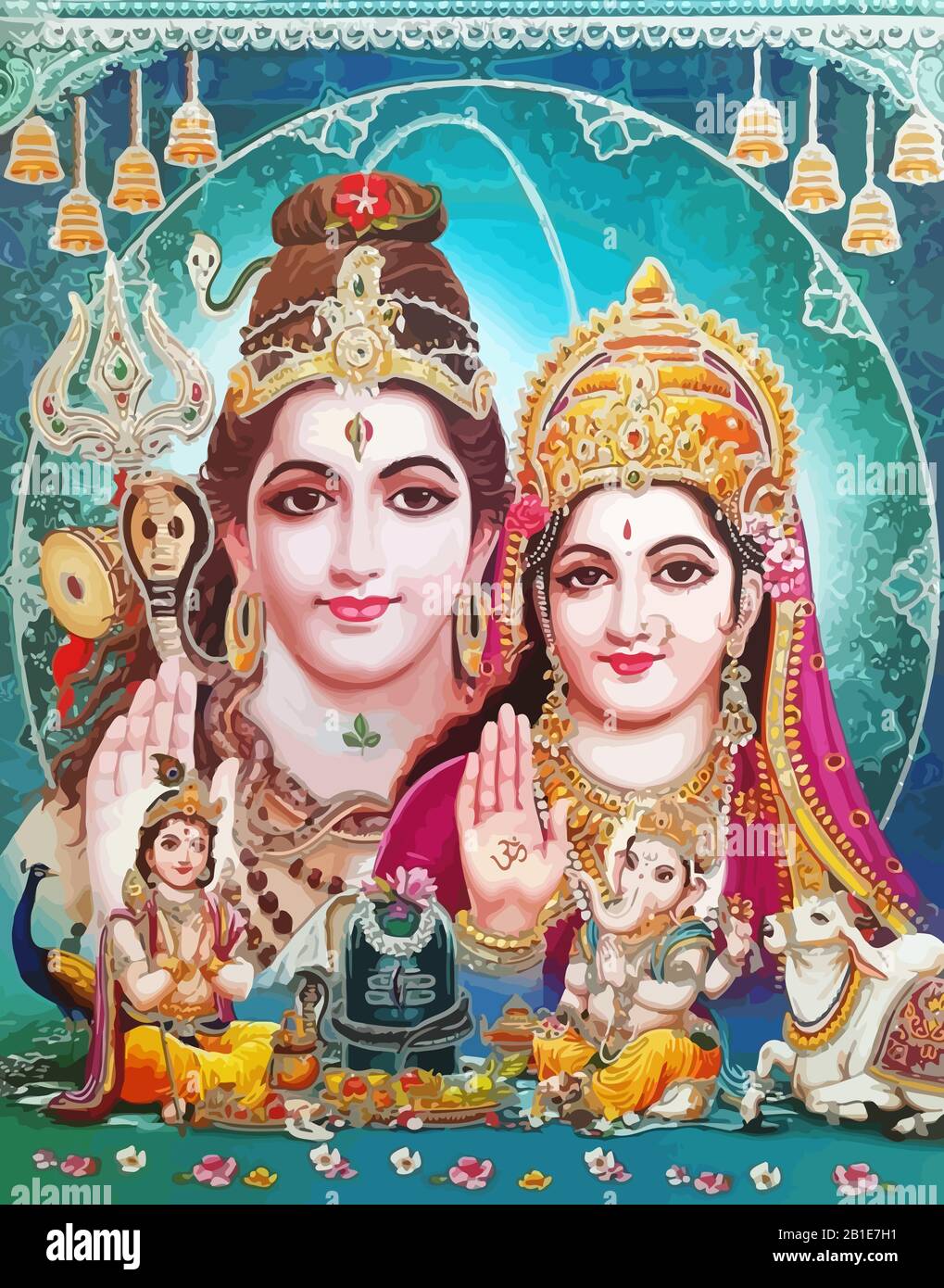 Gott Shiva Schlange und Dame Saraswati Pfau heiliger Elefant Ganasha hinduismus Illustration Stockfoto